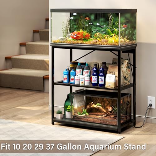 TC-HOMENY Fish Tank Stand 10,20,29,37 Gallon, 1000LB Capacity Aquarium Stand with Built-in Outlet, 31"L x 16"W Metal Reptile Tank Stand, Double Storage Design Adjustable Shelves, Black (Tank not Included)