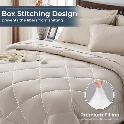 7-Piece King Comforter Set, Beige | Reversible, All-Season, Soft, 7 Piece Set, All-Season Reversible Bed in a Bag, Flat Sheet, Fitted Sheet, Pillowcases - color: Beige, size: King