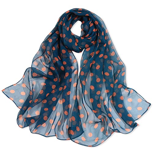 E-Clover Women Soft Floral Print Shawl Chiffon Sheer Scarf - color: Polka Dot-blue Orange
