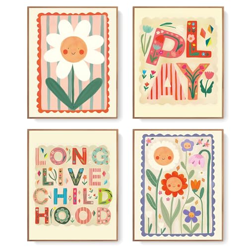 LARTSFRO Cute Kids Floral Wall Art Decor Posters, Smile Floral Artwork Room Bedroom Bathroom Playroom Wall Art Decor Aesthetic for Toddler Nursery Kids Gifts, Play Room Decor for Kids Colorful Wall Decor, 10x8 Inch Set of 4 Pcs Pictures (UNFRAMED) - color