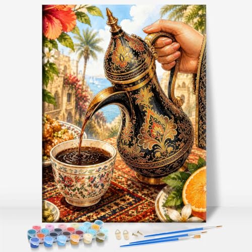 Aeontinity Arabic Coffee Islam Framed Canvas DIY Paint by Numbers Kit Bar Cafe Cave Home Room Wall Bathroom Porch Patio Decor Gift, 16 x 12 Inch - color: ARABIC COFFEE - 16 x 12 Inch
