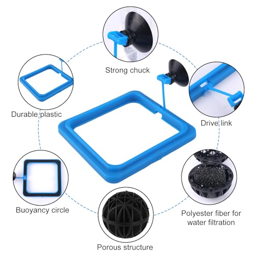 2pcs Fish Feeding Ring, Round and Square Fish Tank Feeding Ring with 4pcs Nitrifying Balls Suction Cup Aquarium Floating Food Feeder Circle for Turtle, Tortoise, Goldfish, Guppy, Koi, Puffer