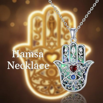 PROESS 925 Sterling Silver Hamsa/Allah Necklace Evil Eye Amulet Jewelry Gifts for Men Women - style: Hamsa Fish and Bird
