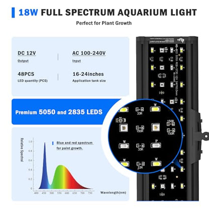 AQQA Clip On Aquarium Light, 24/7 & DIY Mode Full Spectrum Fish Tank Light | Adjustable Timer & Brightness, Memory Function, IP68 Waterproof LED Aquarium Plant Light, Fits 16–24 Inch Tanks