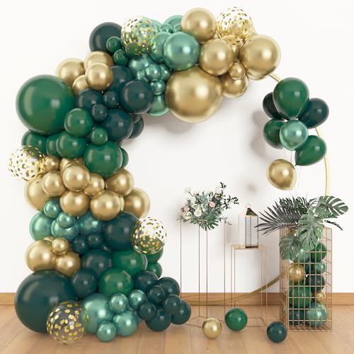 Amandir 153pcs Green and Gold Balloon Garland Arch Kit, Different Sizes 18 12 10 5 inch Green Latex Metallic Confetti Balloons Graduation Birthday Anniversary Safari Party Decoration Supplies - color: Dark Green