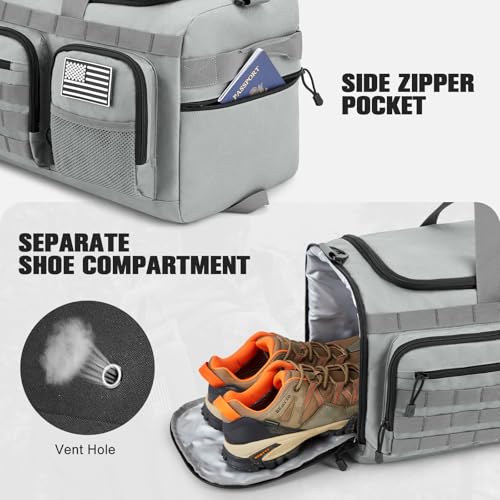 G4Free 3-in-1 Duffle Bag Travel Gym Sports, Large Tactical Duffel Backpack | 50L/65L with Shoes Compartment and Wet Pocket, Military Workout Bag for Men and Women, Grey - color: Grey