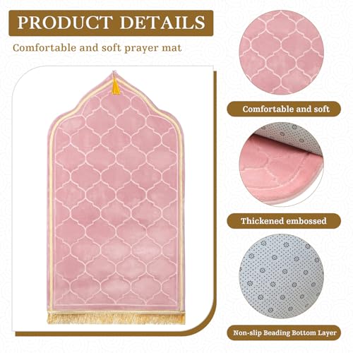 Muslim Prayer Rug with Tasbih Prayer Beads, Extra Thick Padded Non-Slip Islamic Prayer Matt,Turkish Praying Carpet Ottoman Blankets Ramadan Gift for Ramadan, Eid, Hajj, Travel, Pray（Pink） - color: Pink