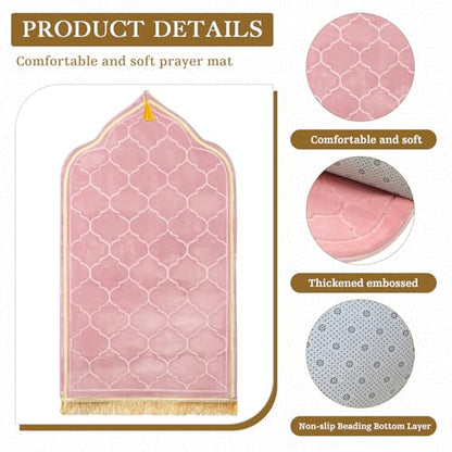 Muslim Prayer Rug with Tasbih Prayer Beads, Extra Thick Padded Non-Slip Islamic Prayer Matt,Turkish Praying Carpet Ottoman Blankets Ramadan Gift for Ramadan, Eid, Hajj, Travel, Pray（Pink） - color: Pink