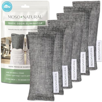 Moso Natural Shoe Deodorizer Inserts (3 Pack) Charcoal Odor Absorber for Shoes, Gym Bag & Boot Deodorizer, Unscented Shoe Odor Elimination, Air Purifying Bags, Lasts 2 Years (6 Bags) - style: 3 Pack (6 Total) Charcoal