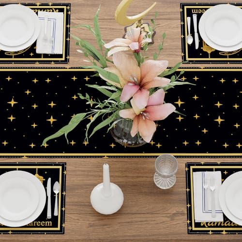 XCHI Black Golden Moon Stars Lantern Ramadan Kareem Table Runner Table Decoration for Party Home Kitchen Dining Holiday Decor 13x72 Inch