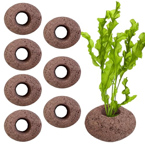 Hamiledyi Volcanic Rock Aquarium Plant Fixed Rings Natural Stone Plant Weights for Fish Tank Aquatic Plant Anchors Aquarium Decorations Landscape Stones (Aperture: 0.87",8Pcs)