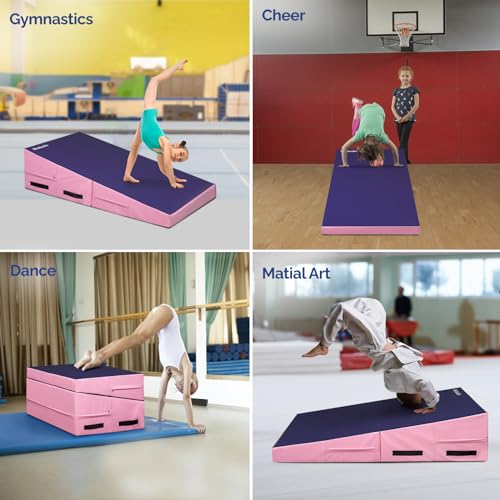 Matladin 48"x24"x14" Tumbling Mat - Folding Gymnastics Cheese Wedge Mat for Kids, Girls Home Training - color: Purple & Pink