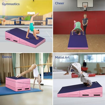 Matladin 48"x24"x14" Tumbling Mat - Folding Gymnastics Cheese Wedge Mat for Kids, Girls Home Training - color: Purple & Pink