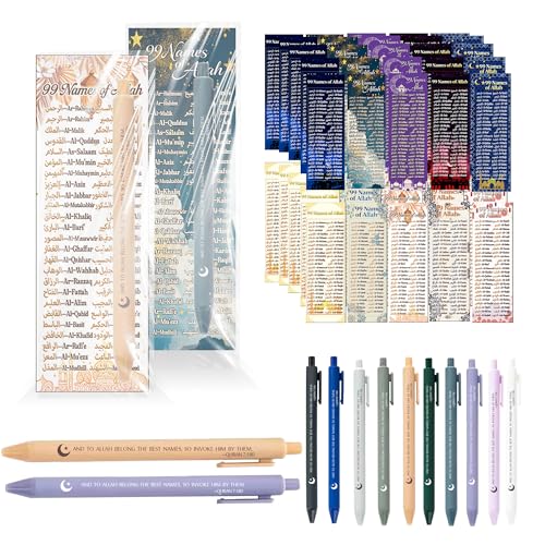 60 Sets Islamic Gifts Bulk with 99 Names of Allah Bookmarks and Quran Verse Pens, Arabic English Muslim Study Gifts for Mosque Classroom Graduation Hajj Umrah