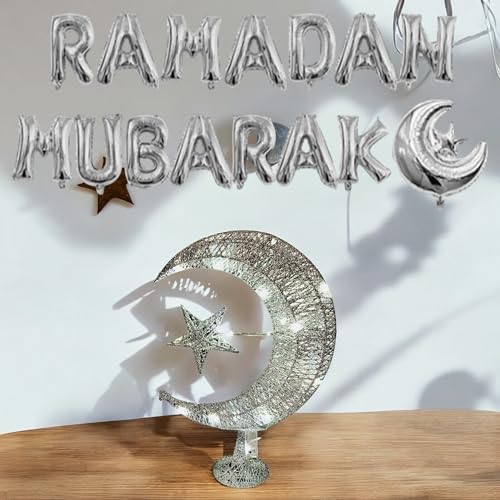 Eid Crescent Moon Star Table Lamp - Battery-Powered LED Light, Festive Home Décor Eid Gift Set with Mubarak Balloons, 14” Long (Silver) - color: Silver
