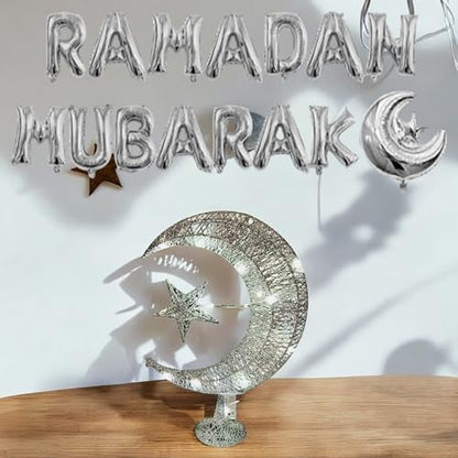 Eid Crescent Moon Star Table Lamp - Battery-Powered LED Light, Festive Home Décor Eid Gift Set with Mubarak Balloons, 14” Long (Silver) - color: Silver