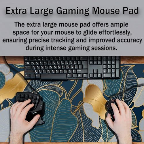Mouse Pad for Women Gold Blue Desktop Pad Gaming Mouse Pads Large Mousepad Office Pad Waterproof Non-Slip Rubber Base 35.4" X 15.7" for Game Office, Precious Leaves of The Jungle - color: Precious Leaves
