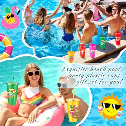 Chuangdi 12 Pcs Beach Pool Party Plastic Cups with Lids and Straws 24 oz Summer Luau Swimming Pool Themed Tumblers Drinking Cups for Beach Ball Hawaii Holiday Gifts Birthday Party Decorations Favors - style: Pool