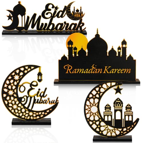 GlikCeil 4 Pcs Eid Al Adha Wooden Table Centerpieces Moon and Star Ramadan Wood Sign Eid Mubarak Tabletop Decor Islamic Mosque Muslim Al Fitr Black Gold Detachable Tiered Tray Decor for Home