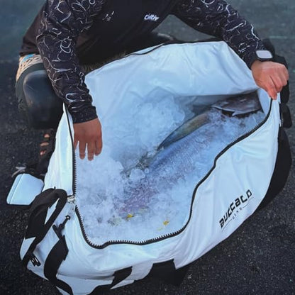 Buffalo Gear Insulated Fish Cooler - 27.5QT 58QT Waterproof Flat Bottom Bag, Leakproof and Fishing Kill Bag - color: White-85QT