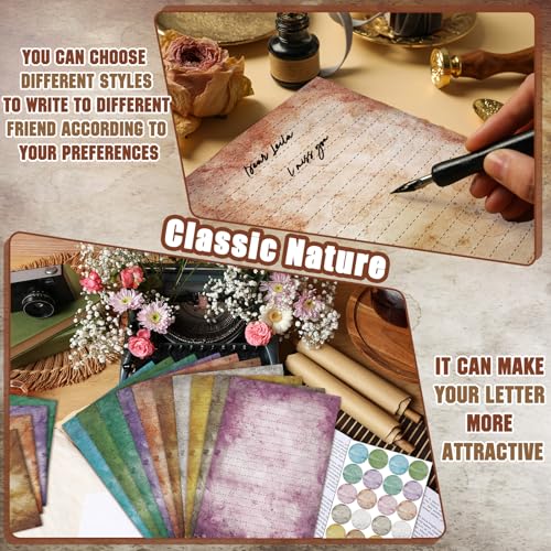 TaoBary 160 Pcs Stationery Paper Set 50 Double Sided Stationery Papers with 50 Matching Envelopes and 60 Round Dot Sticker, 10 Design (Vintage,8.25 x 5.5 Inch) - size: 8.25 x 5.5 Inch, style: Vintage