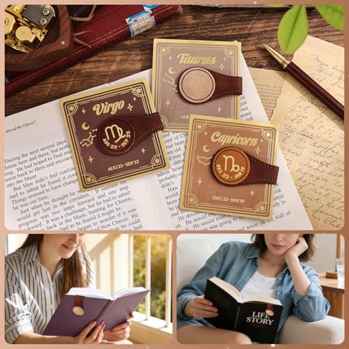 3 PCS Leather Magnetic Bookmark Clips, Zodiac PU Leather Bookmarks for Book Lovers, Full Set of Book Clip Accessories, Earth Sign - style: Earth Signs Constellation