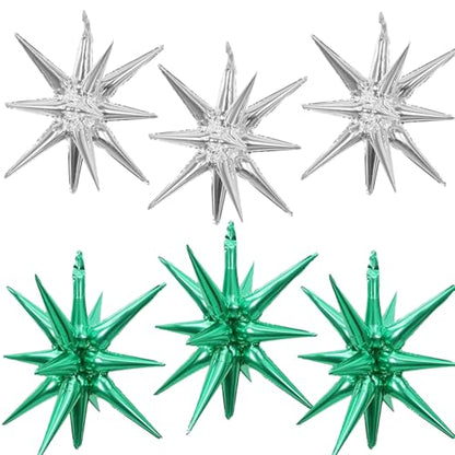 6 Pcs Silver Star Foil Balloons One-Piece 14-Pointed Star Balloon 4D Starburst Cone Mylar Balloon 22inch Christmas Birthday Wedding Wedding Anniversary Party Supplies (Silver + Green) - color: 22 Inches Silver + Green