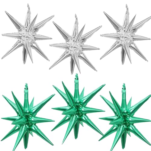6 Pcs Silver Star Foil Balloons One-Piece 14-Pointed Star Balloon 4D Starburst Cone Mylar Balloon 22inch Christmas Birthday Wedding Wedding Anniversary Party Supplies (Silver + Green) - color: 22 Inches Silver + Green