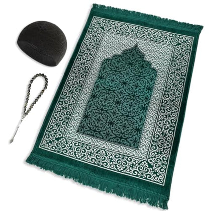 ESERRA Velvet Prayer Mat All in One Set for Islam - Thick Muslim Prayer Rug, Black Kufi Hat, Jasper Stone 33 Prayer Beads, Cotton Travel Case - Islamic Gifts (Green) - color: Green