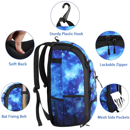MATEIN Baseball Backpack, Softball Bat Bag with Shoes Compartment for Youth, Boys and Adult, Lightweight Baseball Bag with Fence Hook Hold TBall Bat, Batting Mitten, Helmet, Caps, Teeball Gear - color: Galaxy Blue, size: 29L