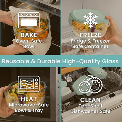Bentgo Glass Salad Container - 7.6-Cup Salad Bowl with Airtight Lid, Leak-Proof Sauce Container, 4-Compartment Bento Tray & Reusable Fork - BPA-Free for Meal Prep, Office & More (Coastal Seaglass) - color: Coastal Seaglass