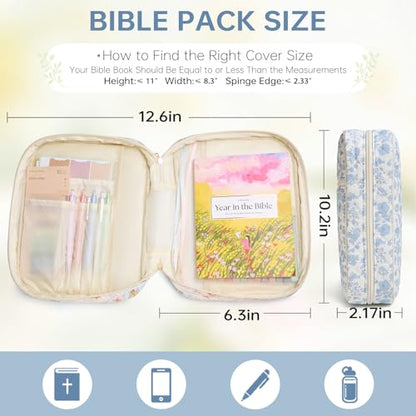 Bible Cover Case for Women Large Bible Cover with Durable Handle Quilted Bible Carrying Case for Girls Bible Study Supplies Accessories (Blue Flower, Blue Flower) - color: Blue Flower