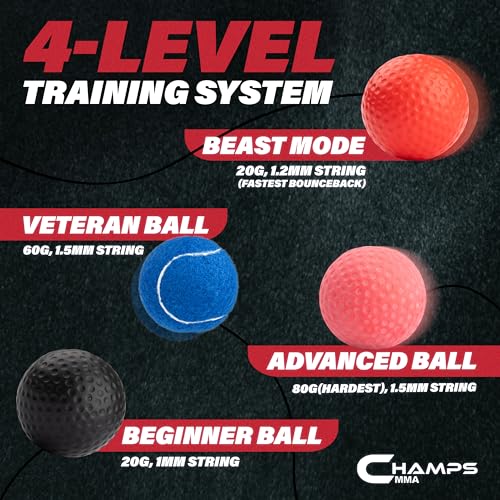 Champs MMA Boxing Reflex Ball Bundle with Punch Counter App | 4-Ball Set + Advanced Reflex Ball | Improve Speed, Agility & Hand-Eye Coordination | Adjustable Headband & Spare Strings | Boxing & MMA
