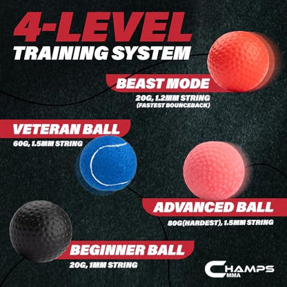 Champs MMA Boxing Reflex Ball Bundle with Punch Counter App | 4-Ball Set + Advanced Reflex Ball | Improve Speed, Agility & Hand-Eye Coordination | Adjustable Headband & Spare Strings | Boxing & MMA