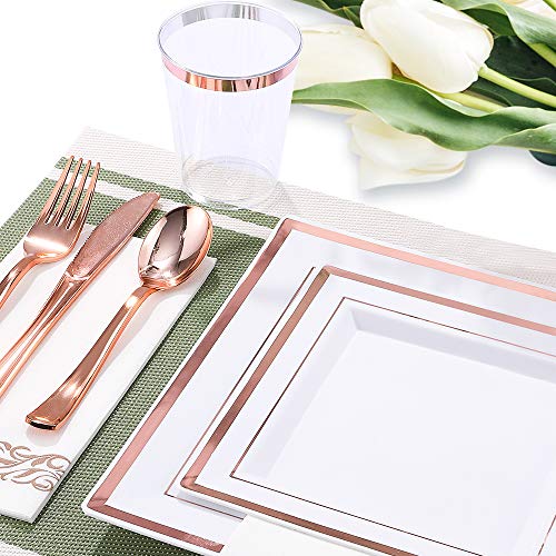 FOCUSLINE 175 Count Rose Gold Dinnerware Set for 25 Guests - Square Plastic Plates with Rose Gold Rim, Includes 25 Disposable Dinner & Dessert Plates, Napkins, Cups, Cutlery Set for Wedding Parties - color: Rose Gold Rim Square Plates