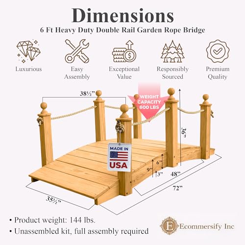 6 FT Oak Amish Rope Rail Garden Bridge, Pinewood - size: 6 FT Bridge & Rope