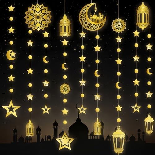ReliThick 6 Pcs Ramadan Decorations Eid Gold Moon Star Lantern Garland - style: Eid