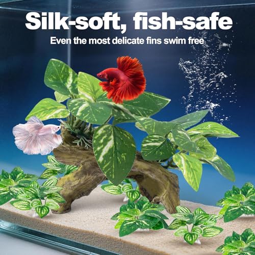 CousDUoBe 9 Pcs Fish Tank Decor，Silk Aquarium Plants Green Silk Leaf pad Hammock Artifical Driftwood cave Betta Fish Tank Accessories 6 x 3 x 4 inches(LxWxH) - size: 9 Pcs Silk Aquarium Plants（Style B）