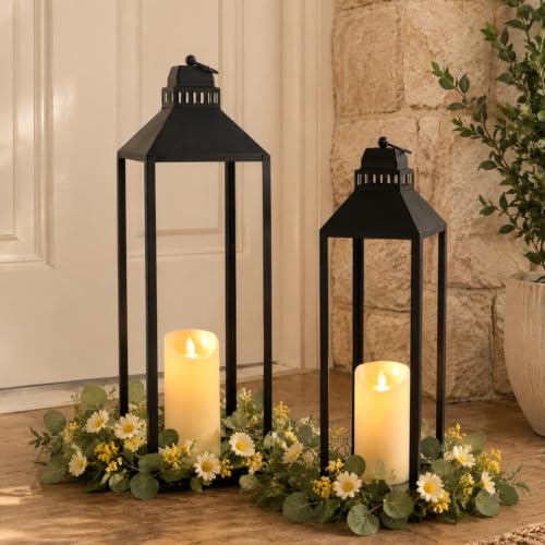 Large Lanterns Decorative Outdoor Indoor, 23" 19" Floor Lantern with Candle - color: Black, size: 23in and 19in