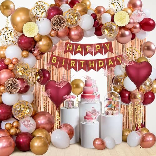 Burgundy Balloons Birthday Decorations, Happy Birthday Banner, Tassel, Heart Foil Balloons, Butterfly, Paper Flower and Fringe Curtains for Happy Birthday Decorations for Women Adults - style: Burgundy