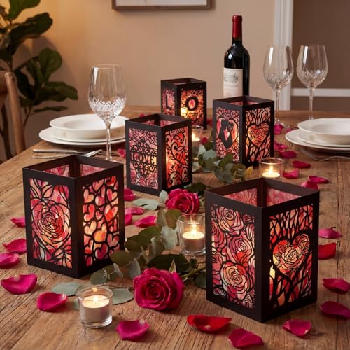 Retisee 24 Pcs Valentine's Day Decorations Paper Lanterns Craft Kits Valentine's Day Candles Holders Paper Boxes Lanterns DIY Craft Kits for Home Decorations Art Project - style: Valentine's Day