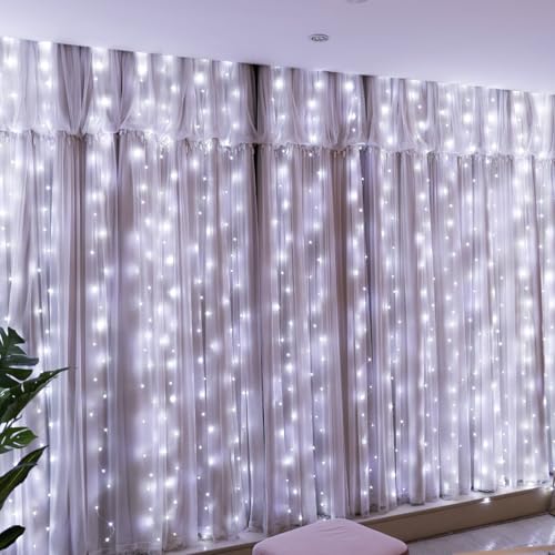 HXWEIYE 300LED Fairy Curtain Lights, 9.8x9.8Ft USB Plug-in 8 Modes Christmas String Hanging Lights with Remote for Bedroom Backdrop Wedding Indoor Wall Decor, White, Standard – 1 Pack - color: White, size: Standard – 1 Pack