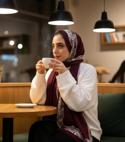Hijab Modest and Elegant | Beautifully Designed Printed Chiffon Patterns | Muslim Women Head Scarf and Veil - color: Red D