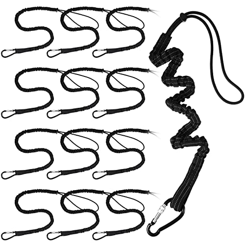 12 Pack Tool Lanyard with Single Metal Buckle and Adjustable Loop End, Standard Length, Maximum Weight Limit 8KG/ 17.6lb, with Aluminum Screw Lock, Retractable Shock Cord Stopper (Black) - color: Black