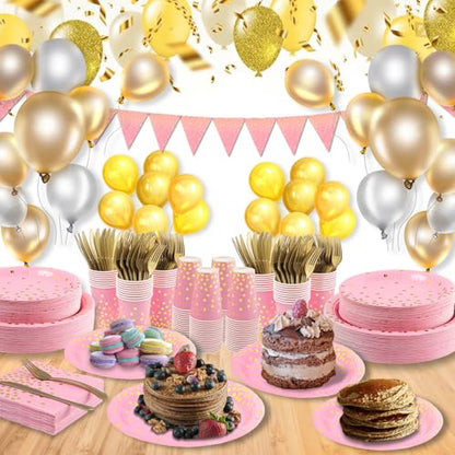 Pink and Gold Party Supplies 145PCS Golden Dot Paper Party Dinnerware Includes Paper Plates, Napkins, Knives, Forks, Cups, Banner, for Bachelorette, Girl Birthday, Baby Shower, Serves 24 - color: Pink Gold (Serves 24)