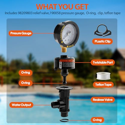 98209800 High Flow Manual Relief Valve/Air Relief Manual Valve Assembly with Pressure Gauge, Replacement for Pool and Spa Filter (98209800+87300400) - style: 98209800+87300400