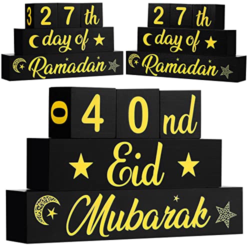 Chunful 5 Pcs Ramadan Calendar Block Set - Ramadan Advent Countdown Eid Calendar Countdown Blocks Wood Sign Mubarak Wooden Tabletop Ornament for Home Table Decor Islamic Months(Black and Gold) - color: Black and Gold