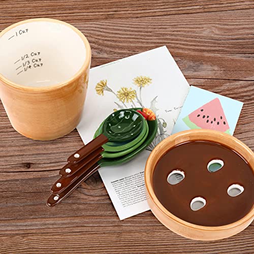 5 Pieces Measuring Spoons Set/Ceramics Spoons and Measuring Base Cup/for Dry and Liquid Ingredient, Cute Cactus Shape (Solid color base) - color: Solid color base
