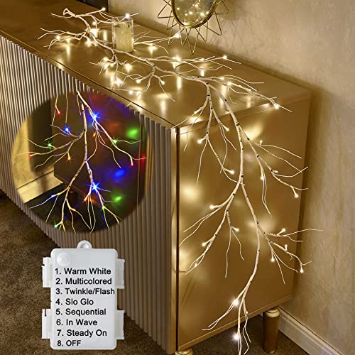 Hairui Lighted Birch Garland Battery Operated with 8 Function 48 Warm White and Multi Color Lights 6FT, Pre Lit Garland for Fireplace Christmas Holiday Decoration Indoor Outdoor - color: BIRCH 8 FUNCTIONS