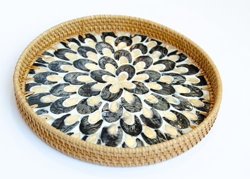 Magenta & Teal Round Rattan Serving Tray with Mother of Pearl Inlay, Wicker Coffee Table Decor, Farmhouse Style (Blue Tan Flower) - color: Blue Tan Flower